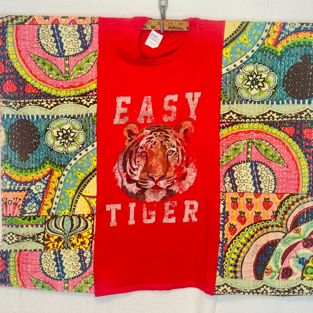 Red 'Easy Tiger' Graphic Festival Poncho with Kantha arms.